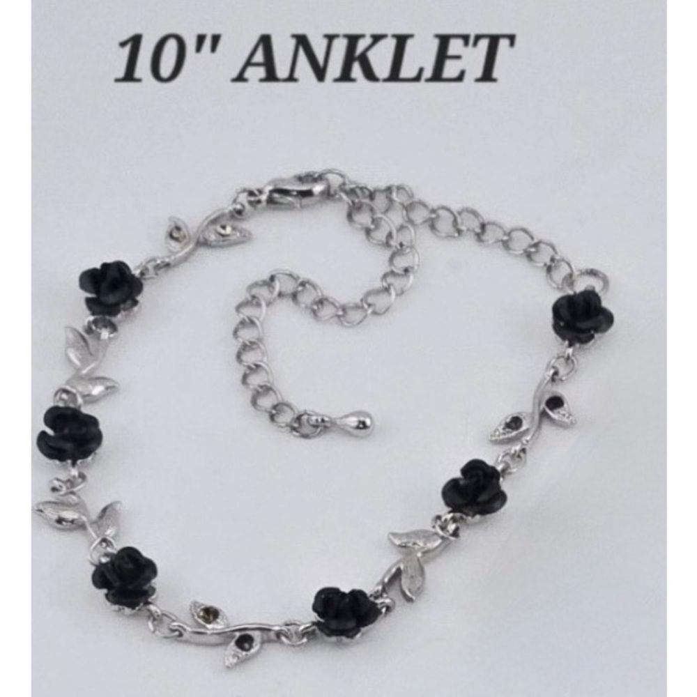 Silver& Black Rose-Colored Rhinestone Ankle Bracelet